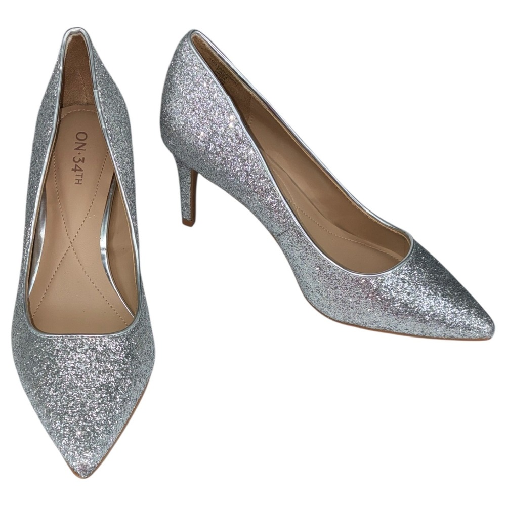 ON 34th Jeules Silver Glitter Pointed‎ Toe Pumps Kitten Heels Wedding Party 6M